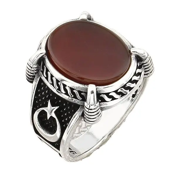 925 Sterling Silver Men's Ring with Oval Red Agate Natural Stone with Star and Crescent Jewelry Gift for Husband for Boyfriend
925 Sterling Silver Men's Ring with Oval Red Agate Natural Stone with Star and Crescent Jewelry Gift for Husband for Boyfriend