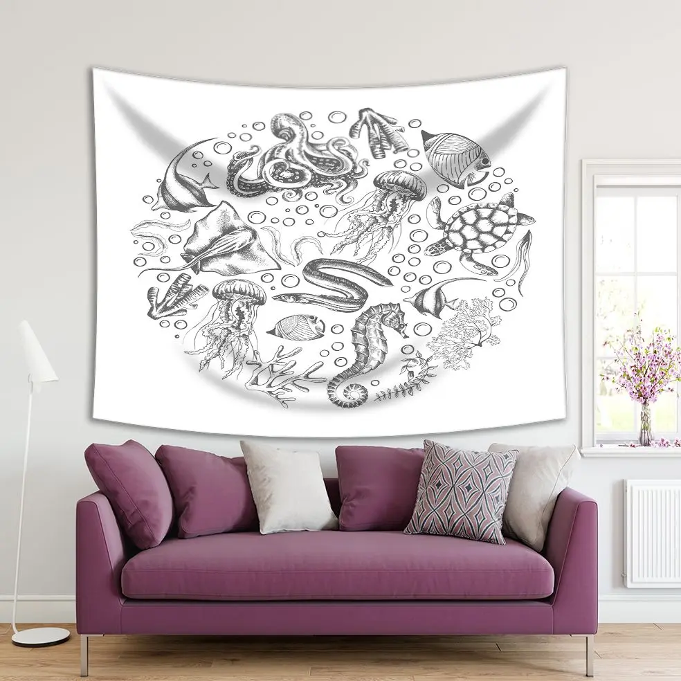 Tapestry Jellyfish Octopus Seahorse Stingray Fish Turtles Seaweed Sea Life Enclosed in A Circle Printed Black White
Tapestry Jellyfish Octopus Seahorse Stingray Fish Turtles Seaweed Sea Life Enclosed in A Circle Printed Black White