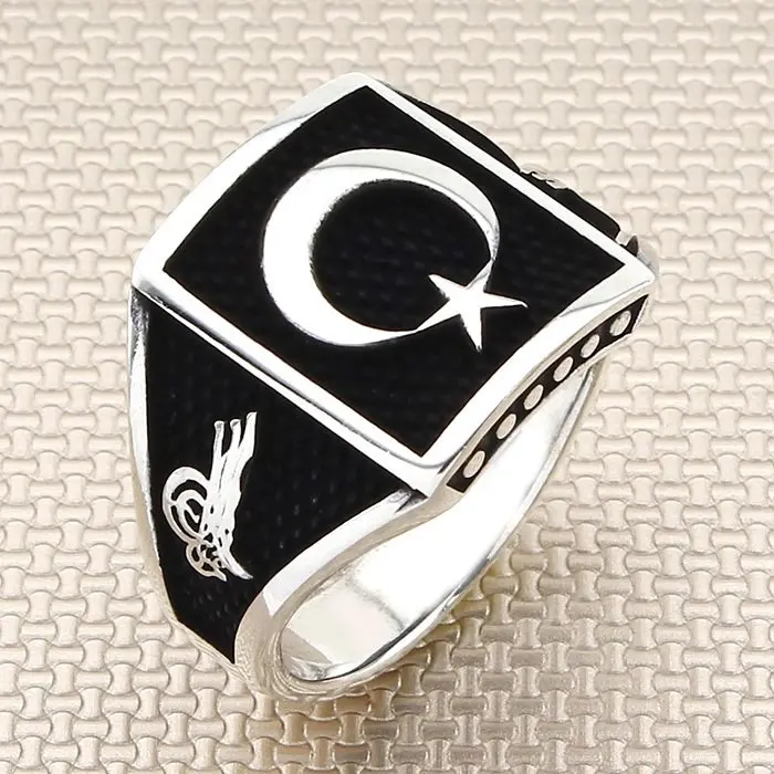 

Sterling Silver Square Crescent Star Ring Ottoman Tughra Model Ring Handmade Oxidized Accessory For Men Made in Turkey