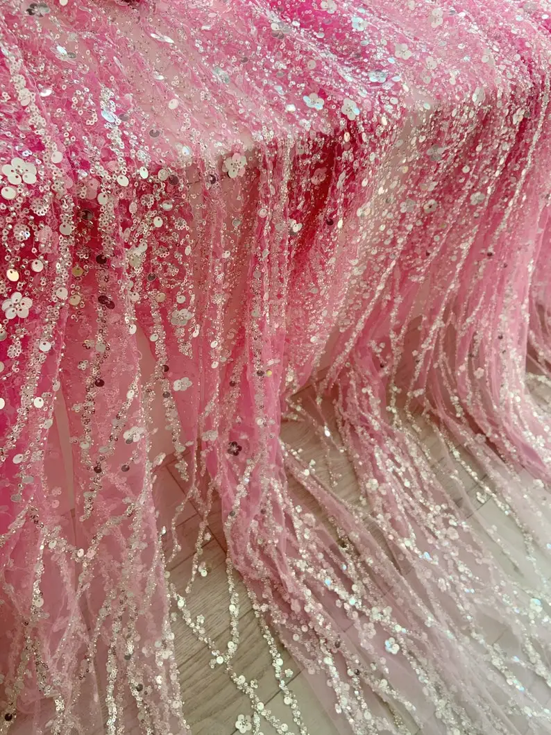 Розовые блестящие бусины тюль кружевная ткань окрашенная бисером с градиентными