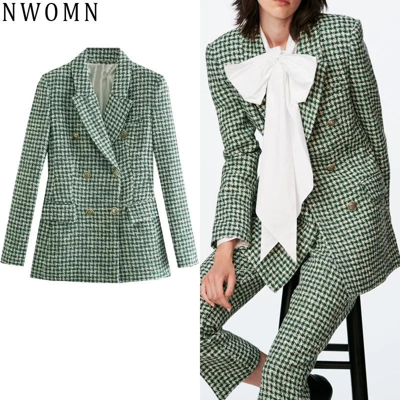 

NWOMN Za 2021 зеленый пиджак женский текстурированный двубортный твидовый комплект пиджак женский элегантный офисный костюм винтажные пиджаки ...
