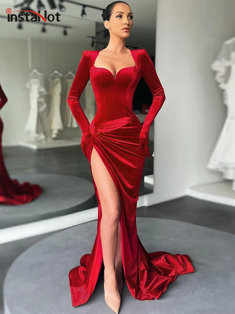 InstaHot женские складные разделили Формальные вечерние сексуальное осеннее платье