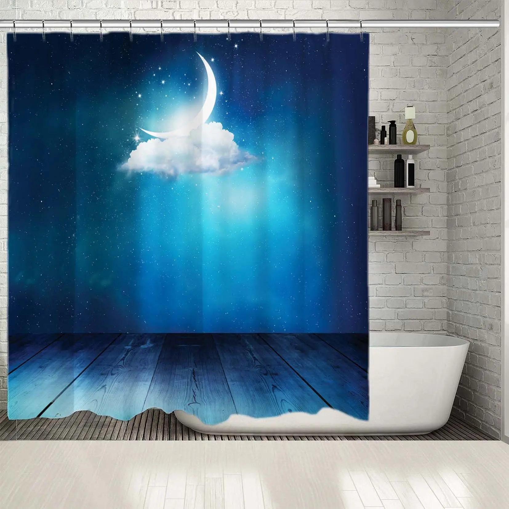 

Shower Curtain Crescent Moon on A Cloud Against Starry Night Sky View From Wooden Deck Lunar Calendar New Month Blue white