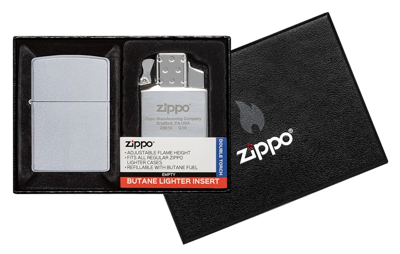 Набор Zippo: зажигалка 205 с покрытием Satin Chrome™ и газовый вставной блок двойным