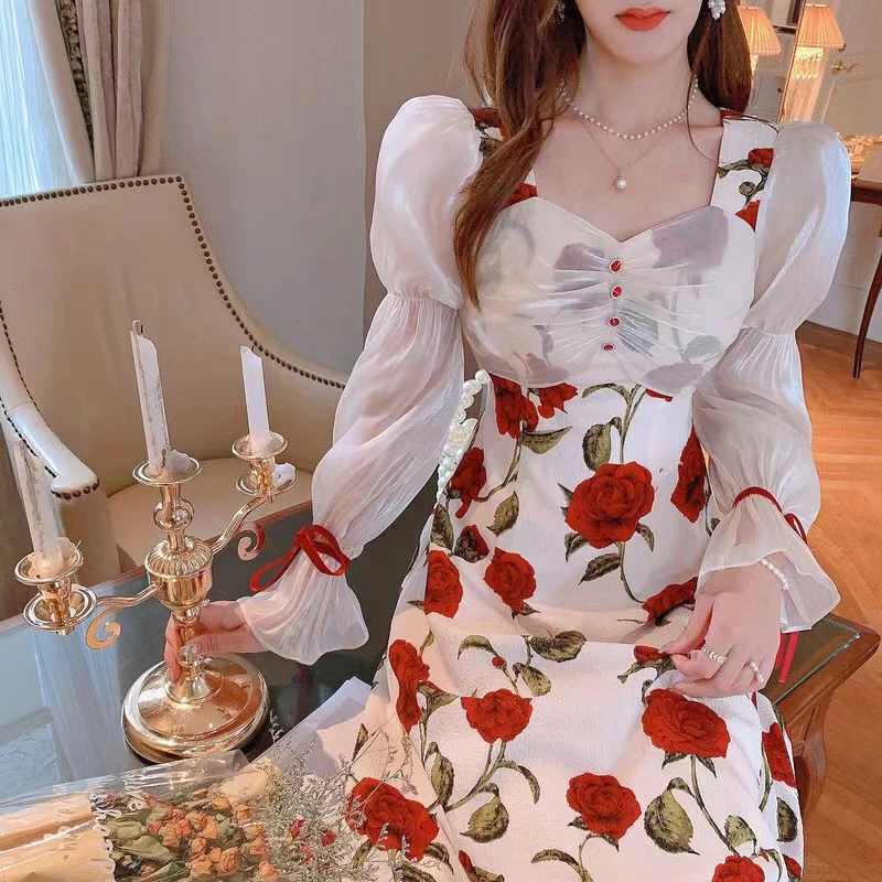 French Vintage Dress Women Long Sleeve Sweet Red Rose Floral Evening Party Retro Elegant Korean Spring Summer Holiday Vestidos
French Vintage Dress Women Long Sleeve Sweet Red Rose Floral Evening Party Retro Elegant Korean Spring Summer Holiday Vestidos