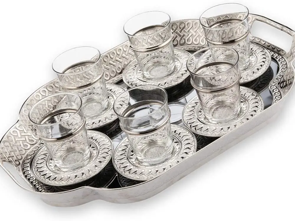 Turkish Moroccan Tea Glasses Cups Saucers Set of 6 with Tray Glassware Vintage (Silver)
Turkish Moroccan Tea Glasses Cups Saucers Set of 6 with Tray Glassware Vintage (Silver)