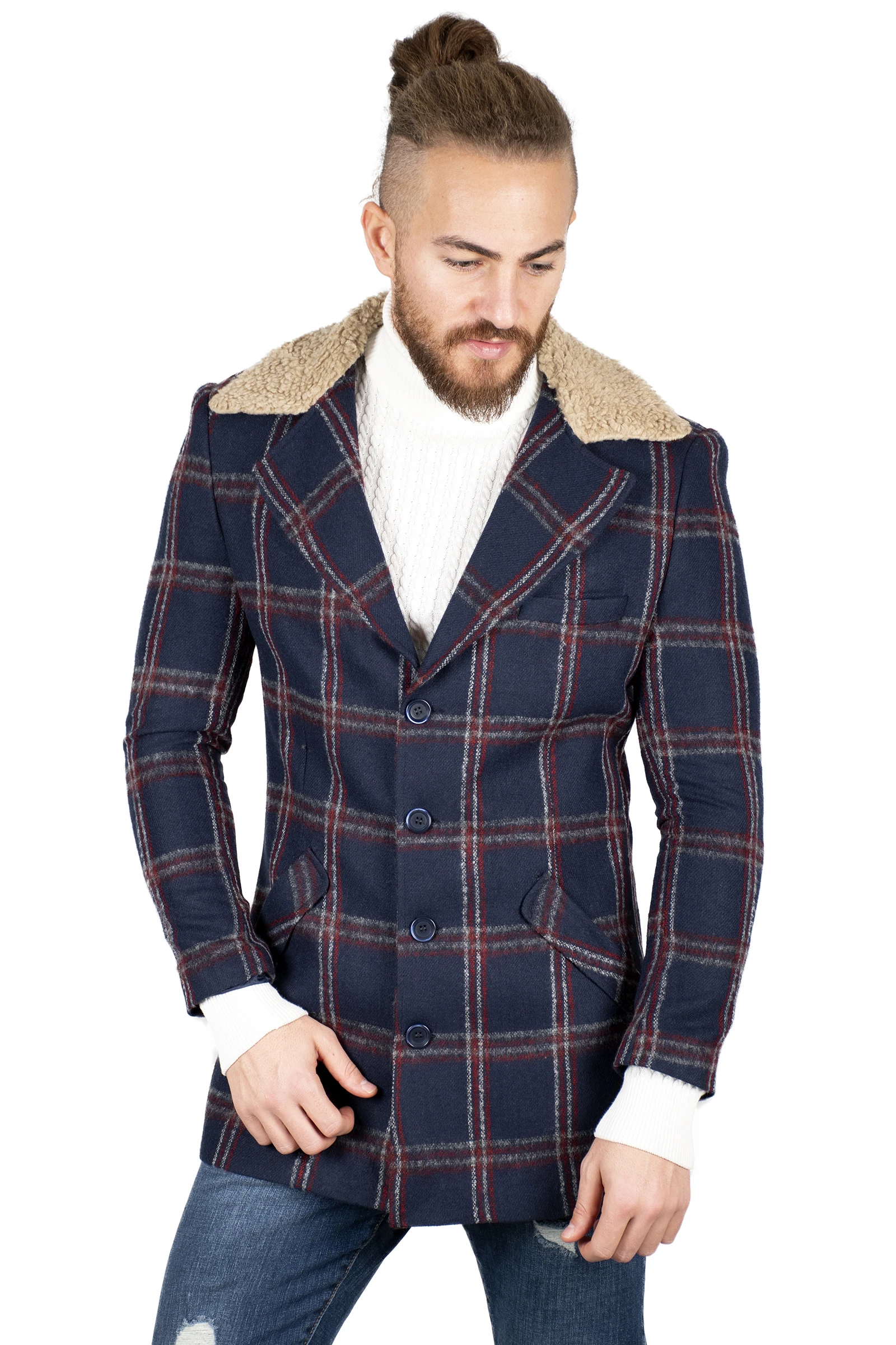 

DeepSEA Male Navy Blue-Burgundy Sports Cachet Plaid Pattern Coat Fur Overcoat Tight-Fitting Mould Hot Autumn Winter Italian Style Long coats 1901786