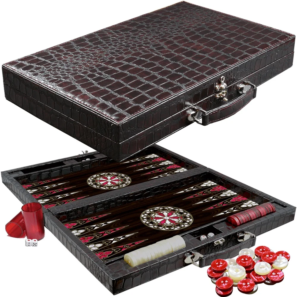 Кожаный роскошный деревянный набор Backgammon XXL коричневый кожаный с ручкой шашки