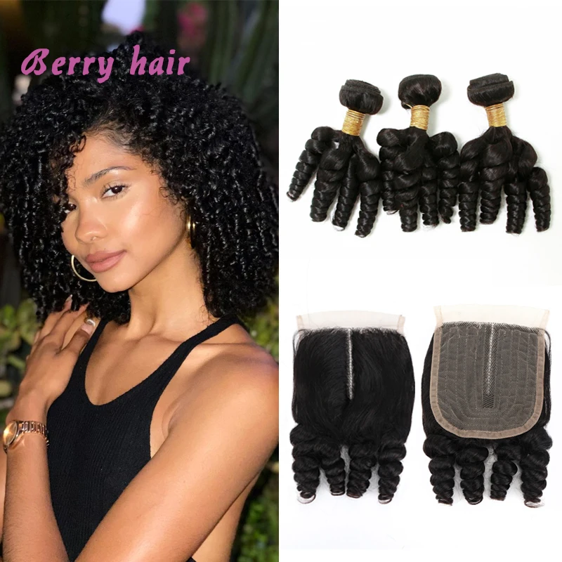 

Brazilian Funmi Hair 3 Bundles Human Hair with Closure Remy Hair 100% Hair Bouncy Curl For Black Women Remy Hair Weave Extension