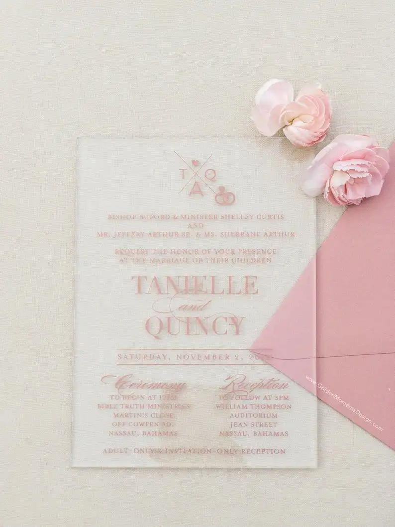 The Wilshire Collection // Classic Rose Gold Clear Acrylic Invitation with Dusty Pink Rose Envelope // Custom Luxury Wedding Inv
The Wilshire Collection // Classic Rose Gold Clear Acrylic Invitation with Dusty Pink Rose Envelope // Custom Luxury Wedding Inv