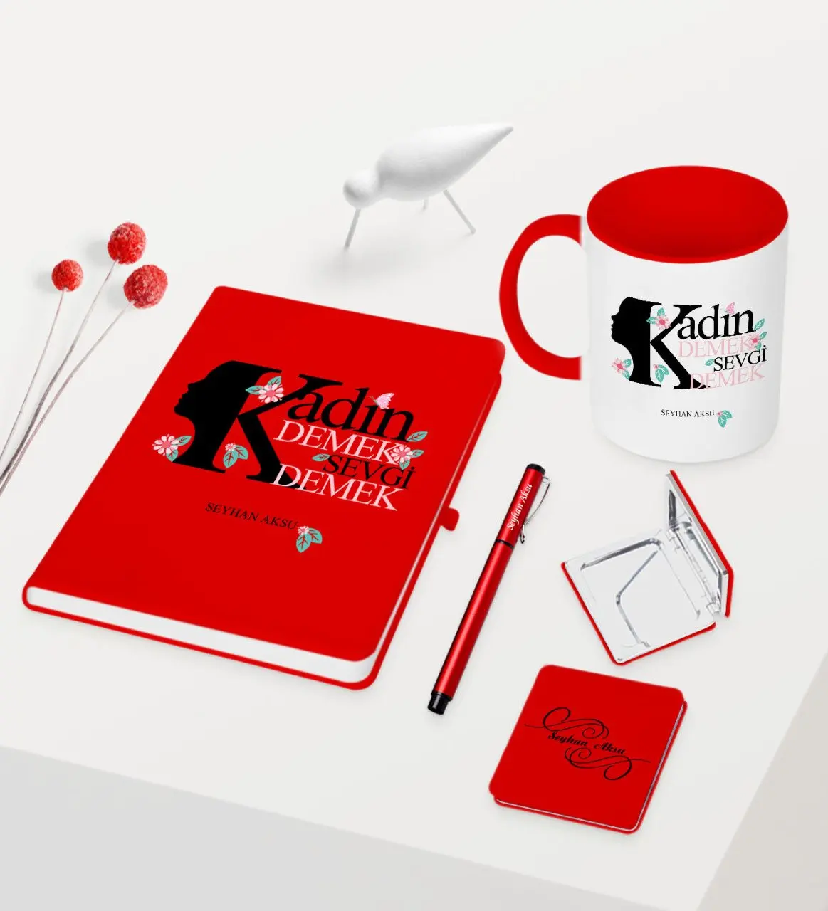 

Персонализированные пользовательские женщины день тематические красная ручка для записной книжки чашки зеркало набор-4