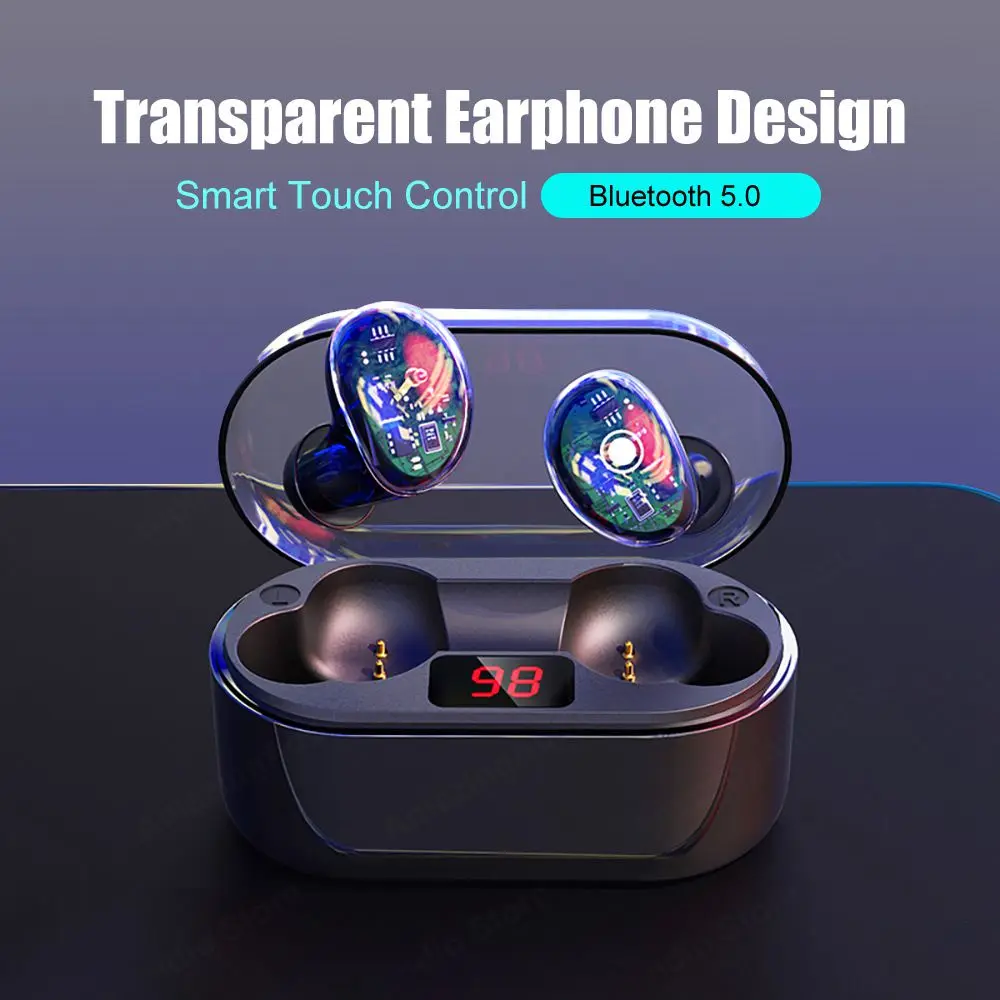 V5.0 прозрачные беспроводные наушники Bluetooth светодиодный дисплей сенсорное