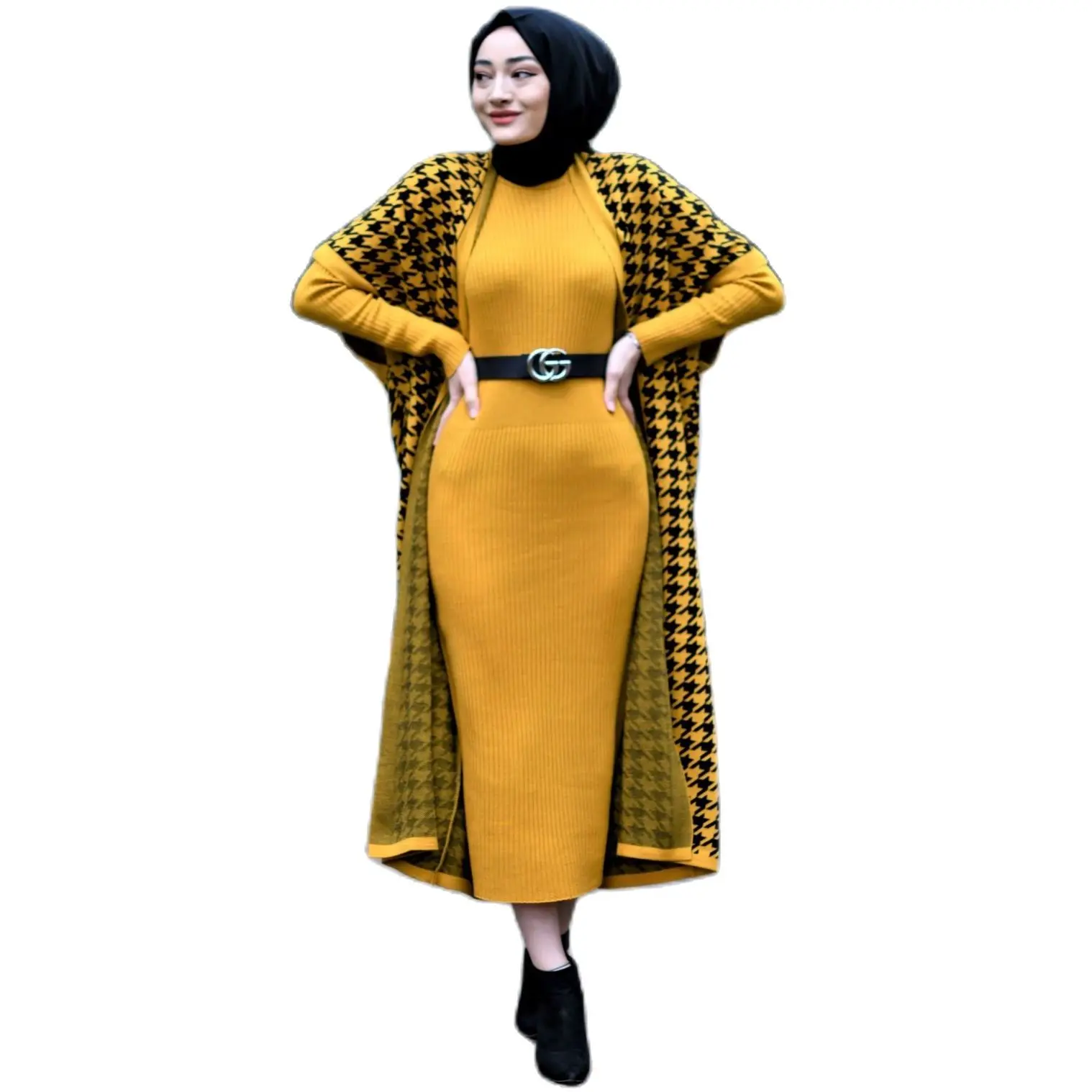 2 Piece Women's Set Crowbar Patterned Knitwear Maxi Turtleneck Dress and Cardigan Long Sleeve Turkey Muslim Fashion Dubai |