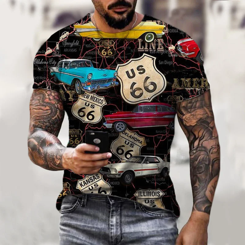 2022 Summer European Road 66 street retro 3D digital printed men's casual sports T-shirt
2022 Summer European Road 66 street retro 3D digital printed men's casual sports T-shirt