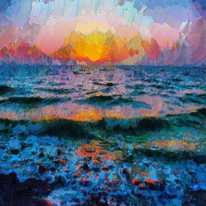 

Curtain Sunset on Stormy Sea Waves Nature Seascape Evening View Oil Painting Art Printed Blue Orange Pink