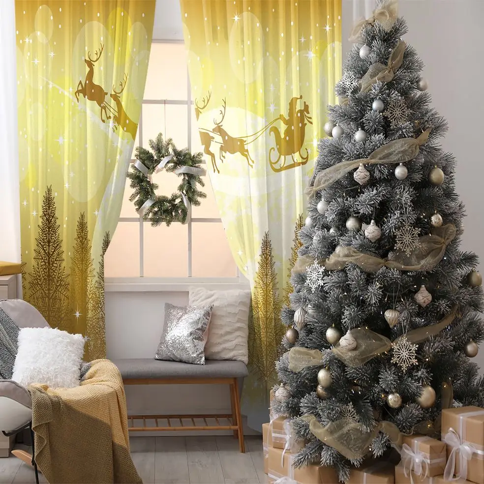 Curtain Pine Trees Snowy Christmas Night Sky Full Moon Stars Santa Claus Flying on His Sleigh with Reindeers Art White yellow 
Curtain Pine Trees Snowy Christmas Night Sky Full Moon Stars Santa Claus Flying on His Sleigh with Reindeers Art White yellow