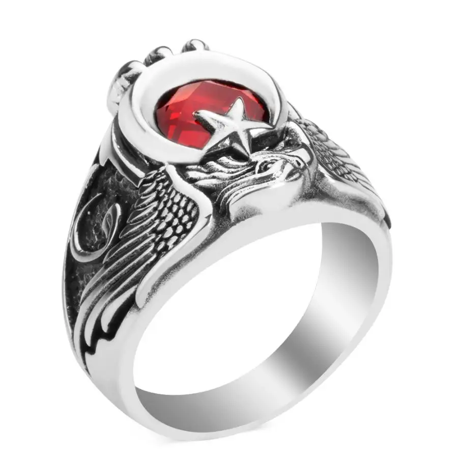 

925 Sterling Silver Vintage Red Zircon Crescent Star Motif Eagle Hand Carved Men Ring Claw Style Jewelry Long Lasting Quality