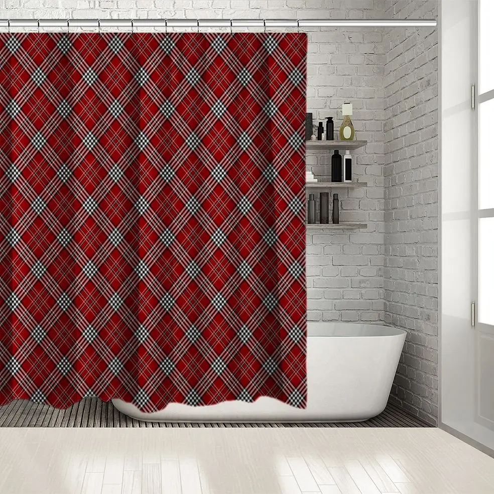 

Shower Curtain Vintage Diagonal Check Pattern Geometric Lines Christmas Theme Art Printed Red White