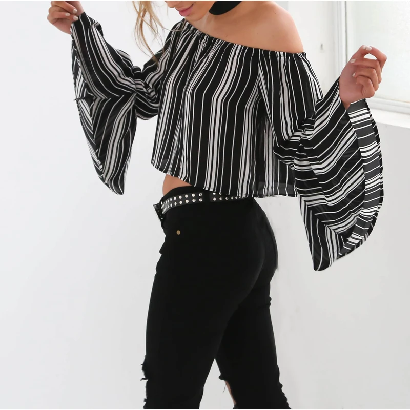 2016 Summer Women Striped Flare Sleeve Blouse Sexy Slash Neck Off Shoulder Backless Short Blouse Sweet Lady Casual Loose Blouse
2016 Summer Women Striped Flare Sleeve Blouse Sexy Slash Neck Off Shoulder Backless Short Blouse Sweet Lady Casual Loose Blouse