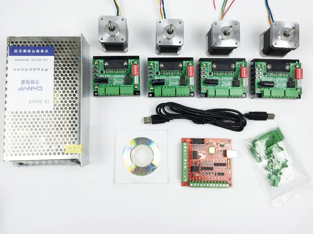 CNC mach3 USB 4 Axis Kit, 4pcs TB6560 driver+ mach3 USB stepper motor controller board+ 4pcs nema17 stepper motor +power supply
CNC mach3 USB 4 Axis Kit, 4pcs TB6560 driver+ mach3 USB stepper motor controller board+ 4pcs nema17 stepper motor +power supply