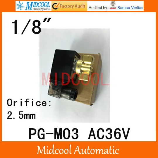High pressure solenoid valve PG-M03 port 1/8" BSP AC36V orifice 2.5mm two position, two way normal colse
High pressure solenoid valve PG-M03 port 1/8" BSP AC36V orifice 2.5mm two position, two way normal colse