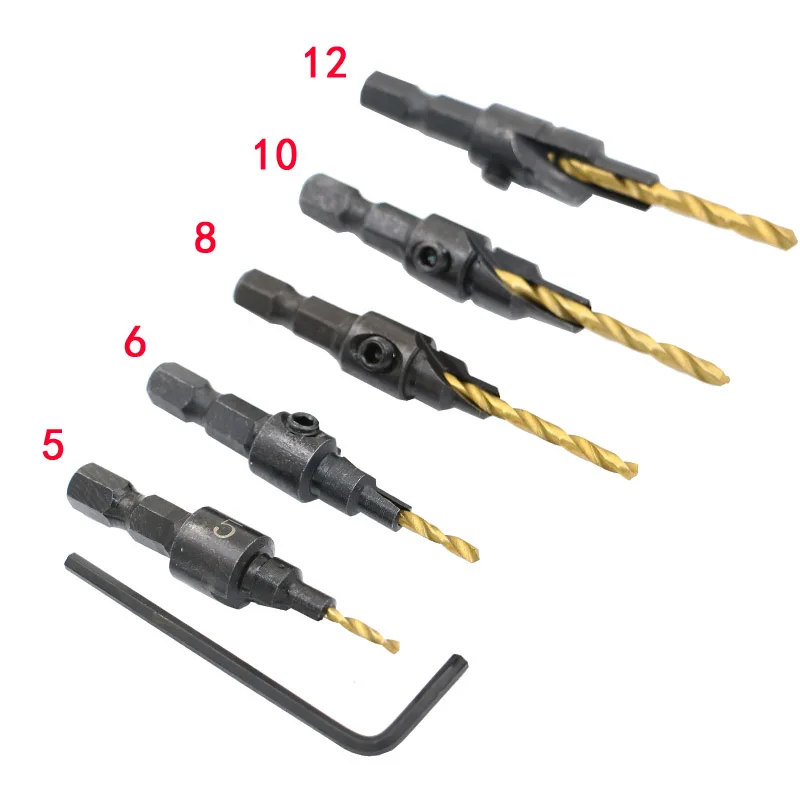 5pcs HSS Countersink Drill Bit Set Quick Change 1/4" Hex Shank Trim Screw #5 #6 #8 #10 #12 Counter Bore Screw Woodworking Tools
5pcs HSS Countersink Drill Bit Set Quick Change 1/4" Hex Shank Trim Screw #5 #6 #8 #10 #12 Counter Bore Screw Woodworking Tools