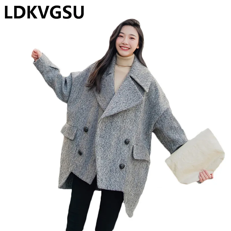 

Женское шерстяное пальто, серое двубортное свободное асимметричное пальто большого размера, модель Is312 в корейском стиле на осень и зиму, 2019