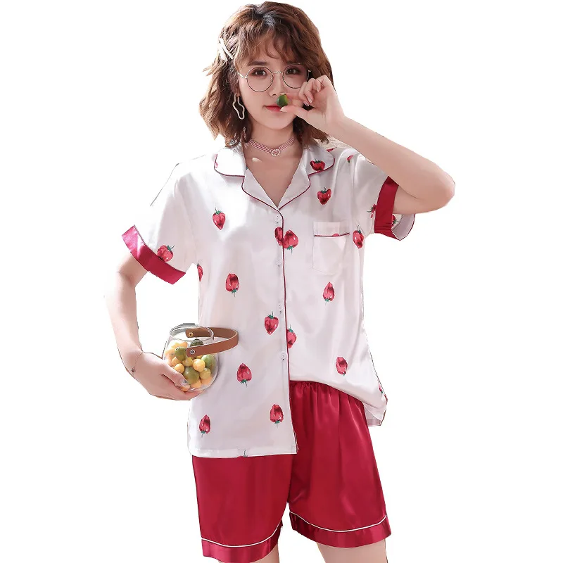BZEL Summer Ladies Pajama Set Turn Round Cute Satin Sleepwear Kawaii Cartoon Strawberry Pattern Nightwear Stylish Two Piece Sets
BZEL Summer Ladies Pajama Set Turn Round Cute Satin Sleepwear Kawaii Cartoon Strawberry Pattern Nightwear Stylish Two Piece Sets