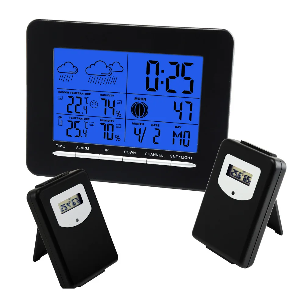 2 Wireless Sensors Weather Station Multiple Display DCF Radio Controlled Clock (RCC) Thermometer Alarm,Sunrise Sunset Moon Phase
2 Wireless Sensors Weather Station Multiple Display DCF Radio Controlled Clock (RCC) Thermometer Alarm,Sunrise Sunset Moon Phase