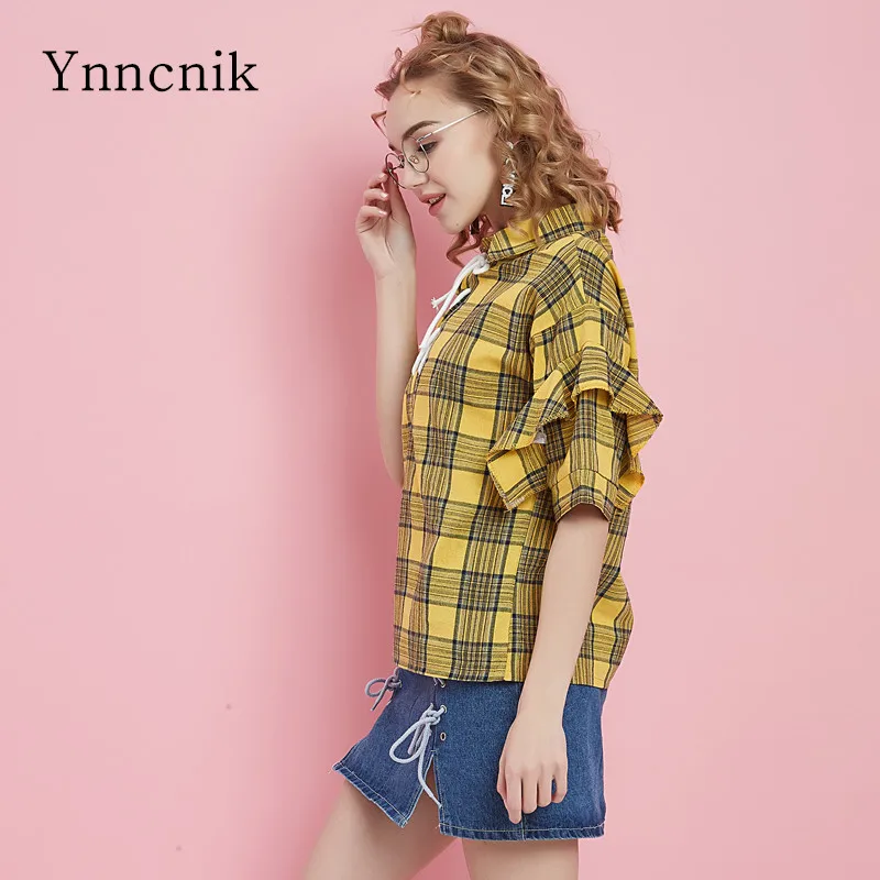 Ynncnik женская блузка в стиле преппи с рукавом до локтя клетчатая рубашка