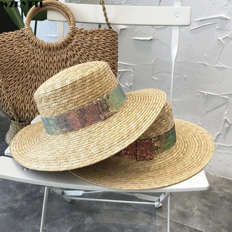 Handmade Women Flat Wheat Straw Hat Sequin Band Wide Brim Sun Hat Travel Hat Beach Girl Canotier Summer Derby Church Hat 55-58cm
Handmade Women Flat Wheat Straw Hat Sequin Band Wide Brim Sun Hat Travel Hat Beach Girl Canotier Summer Derby Church Hat 55-58cm