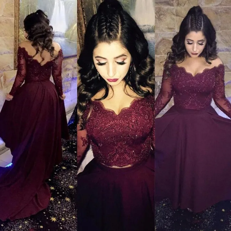 2019 Vintage Two Piece Lace Off-the-Shoulder Long Sleeves Illusion High Low Floor Length Maroon Prom Dress with Appliques
2019 Vintage Two Piece Lace Off-the-Shoulder Long Sleeves Illusion High Low Floor Length Maroon Prom Dress with Appliques
