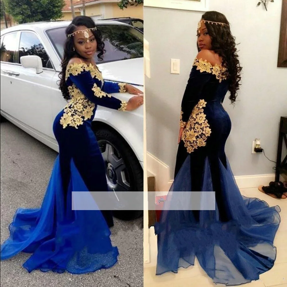 Royal Blue 2019 Prom Dresses Mermaid Long Sleeves Lace Velvet Gold Appliques Long Prom Gown Evening Dresses Robe De Soiree
Royal Blue 2019 Prom Dresses Mermaid Long Sleeves Lace Velvet Gold Appliques Long Prom Gown Evening Dresses Robe De Soiree