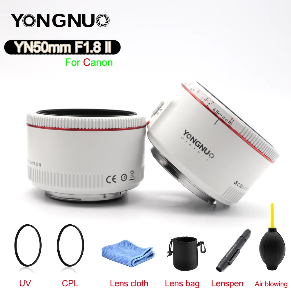 Объектив YONGNUO YN50mm F1.8 II с большой апертурой и автофокусом белый для Canon эффектом