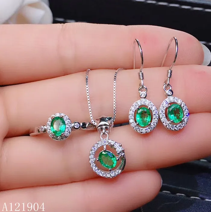 

KJJEAXCMY boutique jewels 925 sterling silver inlaid natural emerald female pendant necklace ring earrings set support detection