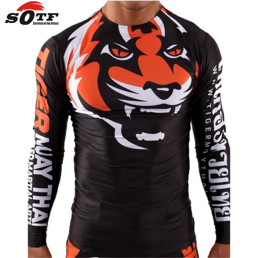 SOTF облегающая эластичная одежда для бодибилдинга Tiger Muay Thai MMA боксерская рубашка