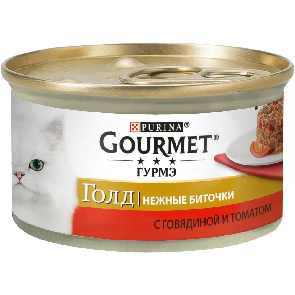 Корм для кошек Gourmet Gold Нежные биточки с говядиной и томатами влажный 12 банок по 85