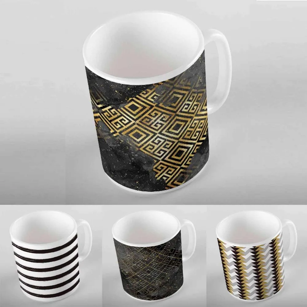 

Else Scandinavian Black Golden Yellow Ikat Geometric 3D Digital Print Modern Turkish Ceramic Porcelain Coffee Tea Milk Cup Mug