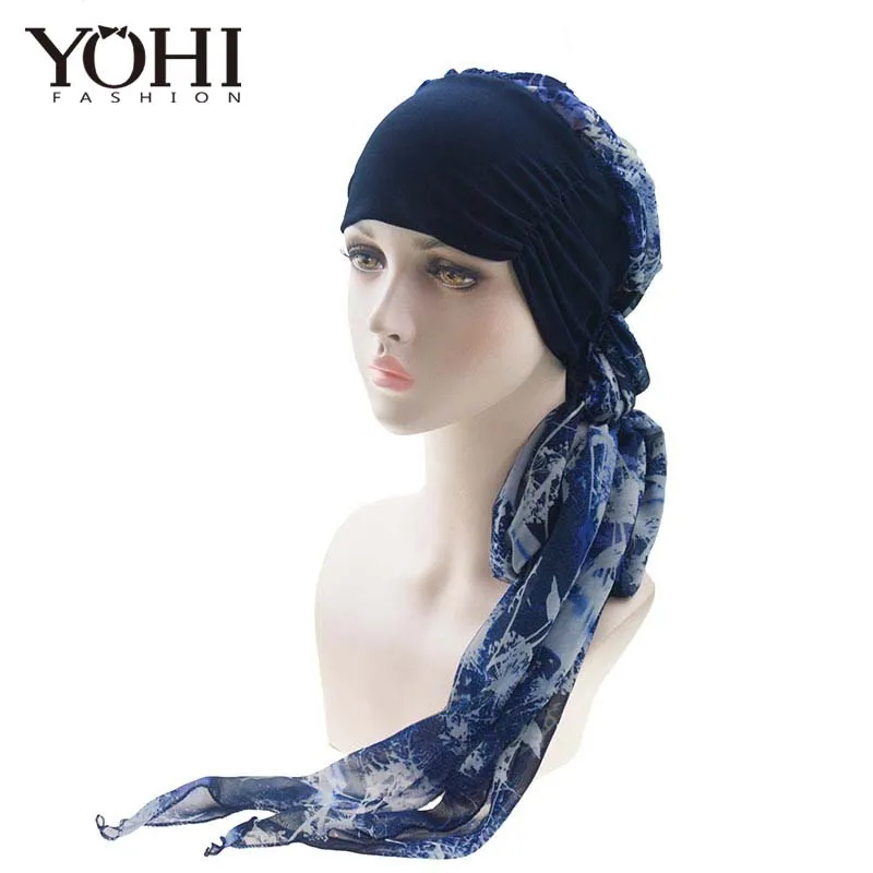 

2018 New Fashion elegant Chiffon lady's shawl cap headscarf hat elastic head with chemotherapy cap for women