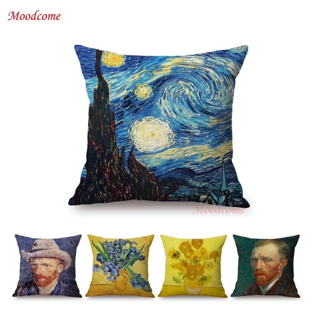 

Vincent Van Gogh Famous Oil Painting Self Portrait Sunflower Starry Night Gallery Art Decoration Pillow Case Linen Cushion Cover