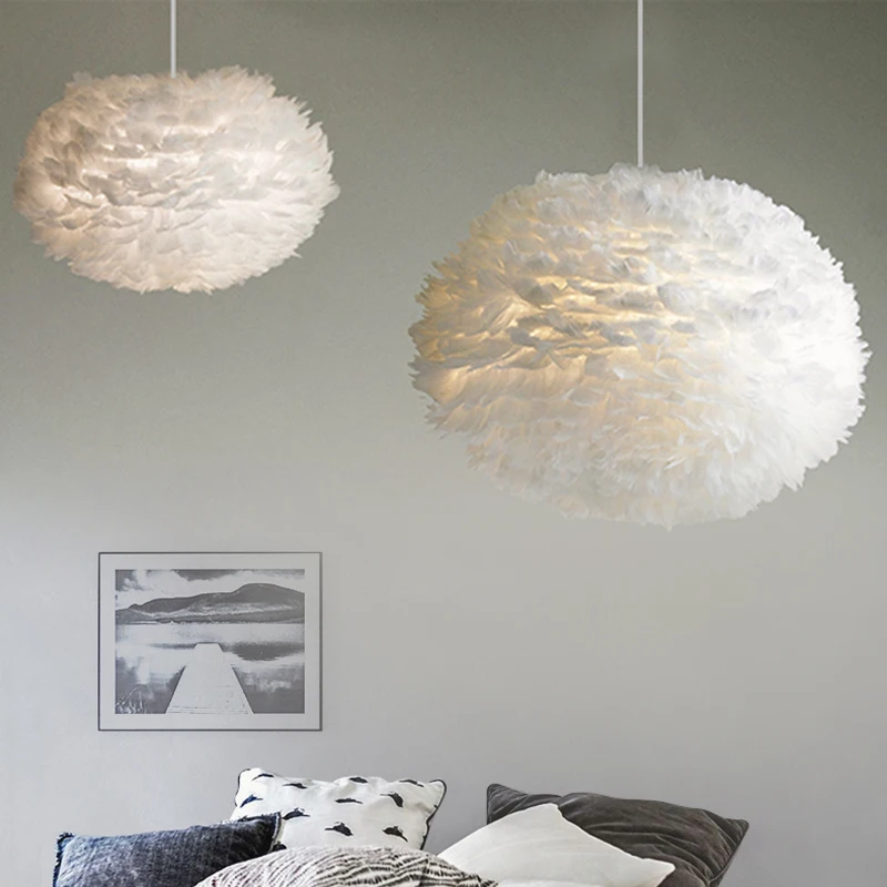 

Современные круглые подвесные светильники E27 в скандинавском стиле с белыми перьями, декоративные лампы для столовой, спальни, гостиной, освещение для дома