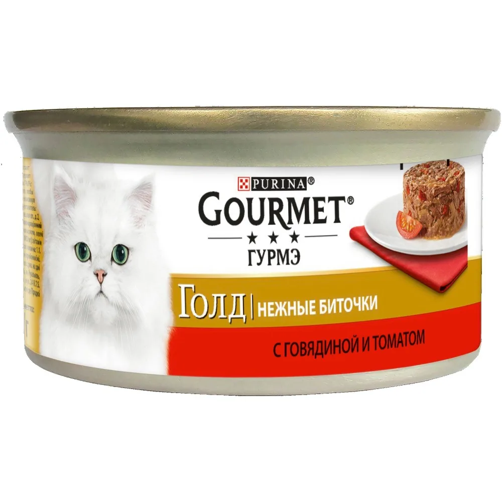 Корм для кошек Gourmet Gold Нежные биточки с говядиной и томатами влажный 12 банок по 85