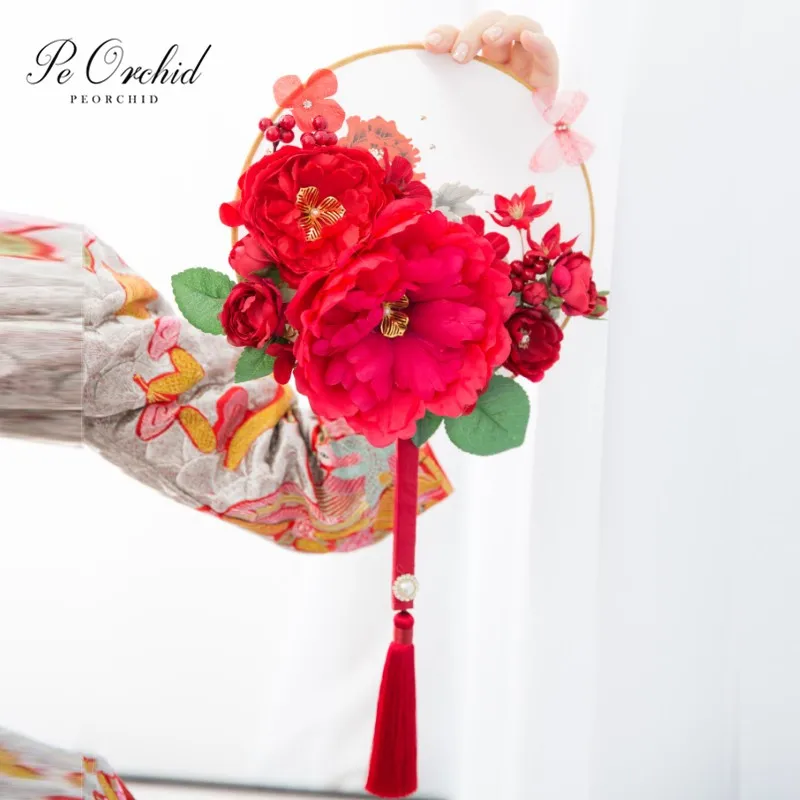 

Красный/розовый свадебный веер PEORCHID, букет пивоин в китайском стиле, свадебный подарок, круглая рука, цветочный веер для невесты, розовый бу...