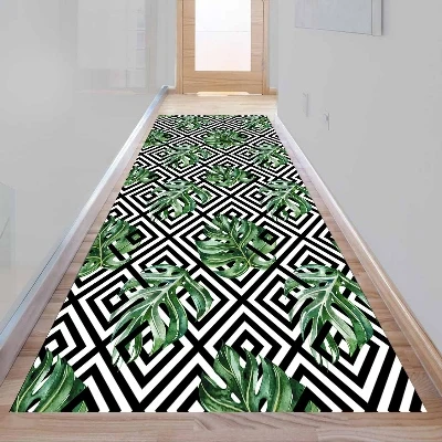 

Else Green Leaf Black White Tile Geometric 3d Print Non Slip Microfiber Washable Long Runner Mat Floor Mat Rugs Hallway Carpets