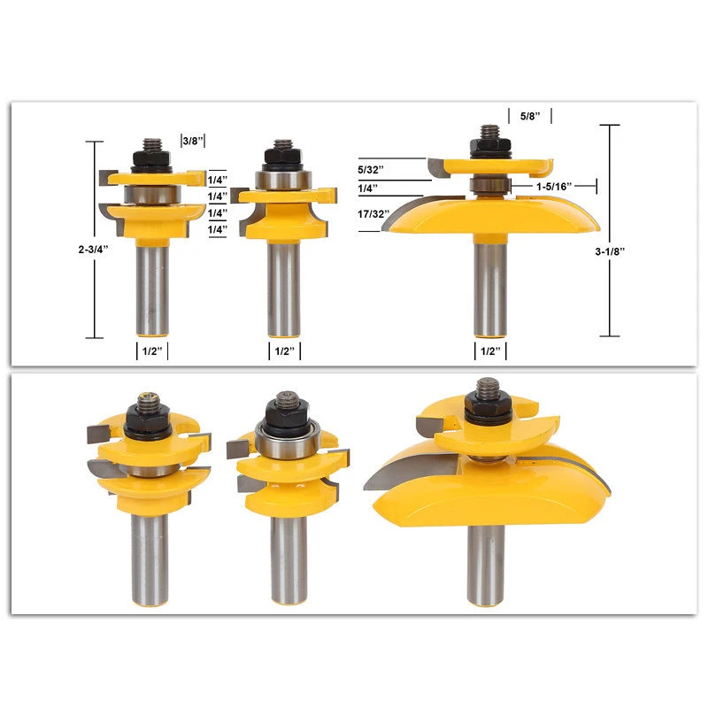 1/2" Shank 12mm shank Round Over Rail & Stile with Cove Panel Raiser 3 Bit Router Bit Set Tenon Cutter for Woodworking Tools
1/2" Shank 12mm shank Round Over Rail & Stile with Cove Panel Raiser 3 Bit Router Bit Set Tenon Cutter for Woodworking Tools