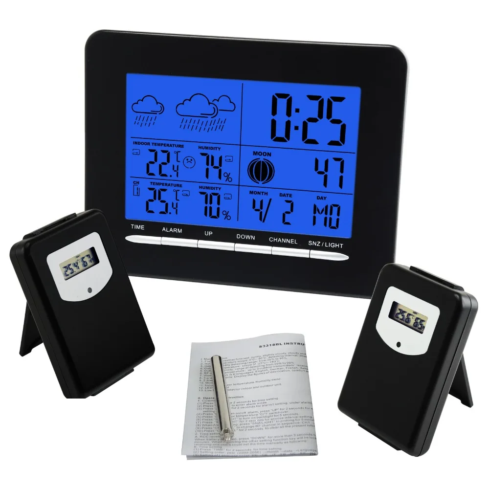 2 Wireless Sensors Weather Station Multiple Display DCF Radio Controlled Clock Thermometer Alarm, Indoor Outdoor Humidity
2 Wireless Sensors Weather Station Multiple Display DCF Radio Controlled Clock Thermometer Alarm, Indoor Outdoor Humidity