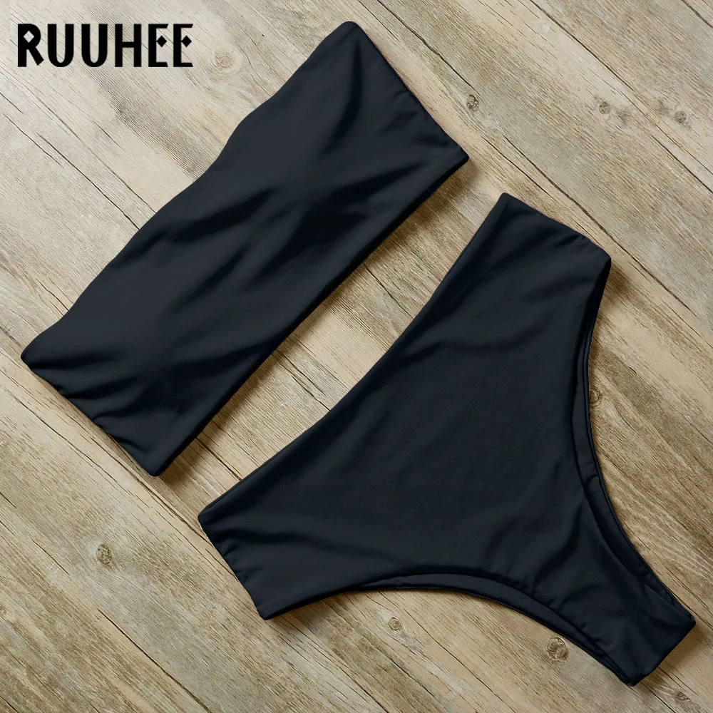 

RUUHEE Solid Bikini Swimwear Swimsuit Women Bandage High Waist Bikini Set Strapless Bathing Suit Female Beachwear Swimsuit 2019