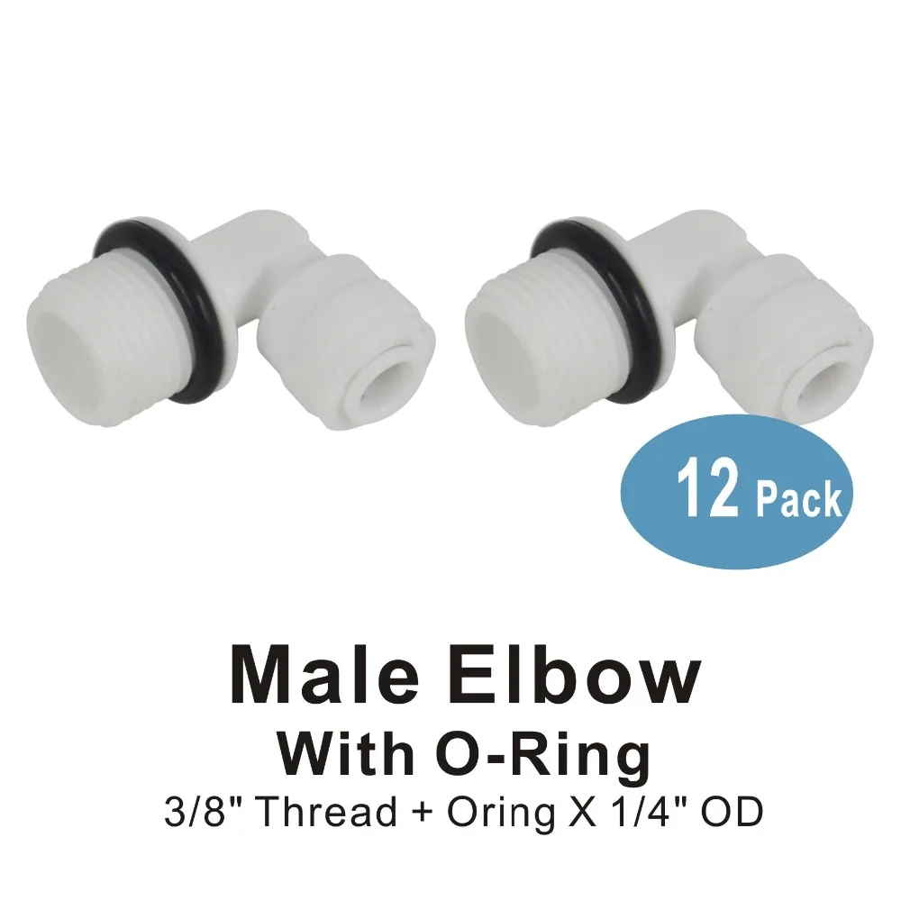 Male Elbow 3/8" Thread O-ring Seal x 1/4" Quick Connect Fitting Parts for RO Systems and Water Filters - 12 PACK
Male Elbow 3/8" Thread O-ring Seal x 1/4" Quick Connect Fitting Parts for RO Systems and Water Filters - 12 PACK