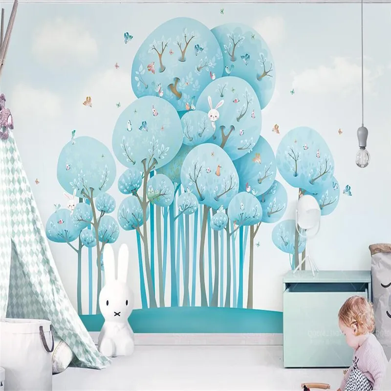 Blue cute cartoon forest rabbit bird children's room background wall painting professional production wallpaper mural custom pho
Blue cute cartoon forest rabbit bird children's room background wall painting professional production wallpaper mural custom pho