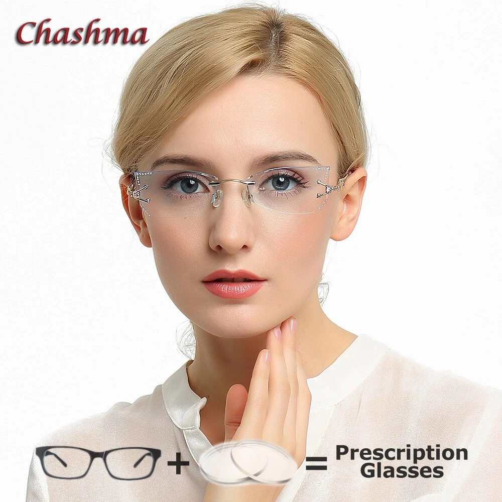 Chashma Brand Tint Lenses Sunglasses Titanium Eyewear Female Diamond Crystal Trimmed Glasses Frame Cat Eye Rimless Glasses Woman
Chashma Brand Tint Lenses Sunglasses Titanium Eyewear Female Diamond Crystal Trimmed Glasses Frame Cat Eye Rimless Glasses Woman